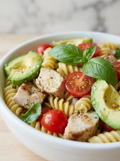 Healthy Chicken Pasta Salad with Avocado, Tomato & Basil