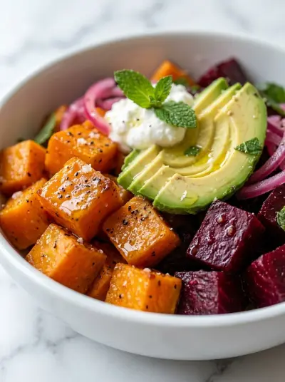 Roasted Beet Sweet Potato Avocado Salad