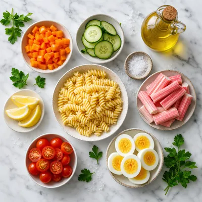 Pasta Salad with Surimi and Hard-Boiled Eggs - ready to serve