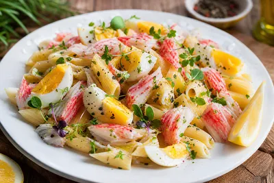 Pasta Salad with Surimi and Hard-Boiled Eggs - ingredients preparation