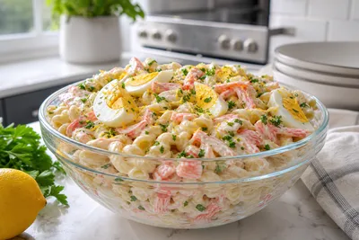 Pasta Salad with Surimi and Hard-Boiled Eggs