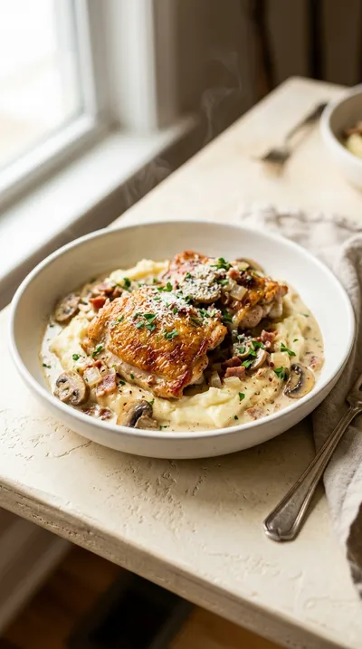 Creamy Chicken Thighs with Turkey Bacon Mushroom Sauce