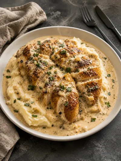 Creamy Garlic Chicken With Mashed Potatoes