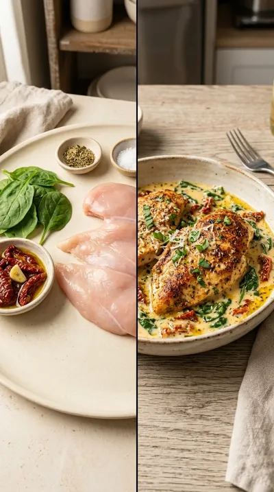 Creamy Tuscan Chicken with Spinach & Sun-Dried Tomatoes - ready to serve