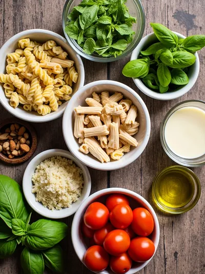 Easy Chicken Pesto Pasta Salad - ingredients preparation