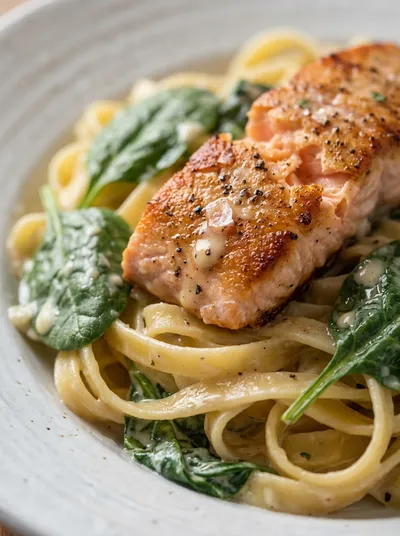 Creamy Salmon Pasta with Mixed Greens
