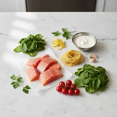 Creamy Salmon Pasta with Mixed Greens - cooking process