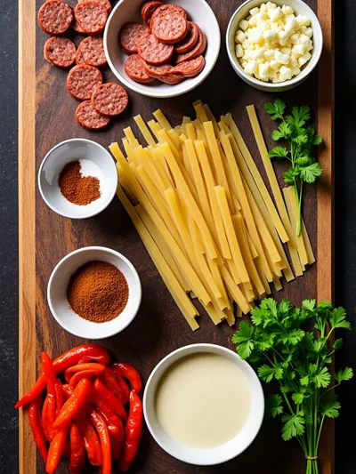 Creamy Spicy Cajun Sausage Pasta Quick Weeknight Dinner - ingredients preparation