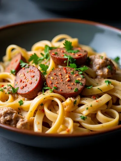 Creamy Spicy Cajun Sausage Pasta Quick Weeknight Dinner - ready to serve