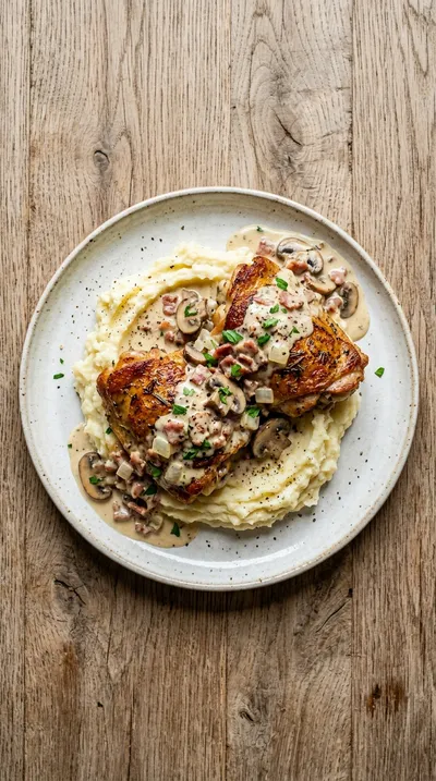 Creamy Chicken Thighs with Turkey Bacon Mushroom Sauce - cooking process