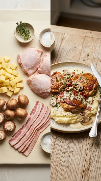 Creamy Chicken Thighs with Turkey Bacon Mushroom Sauce - ready to serve