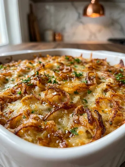 French Onion Chicken Orzo Casserole
