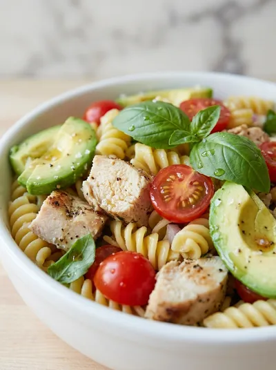 Healthy Chicken Pasta Salad with Avocado, Tomato & Basil