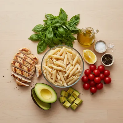 Healthy Chicken Pasta Salad with Avocado, Tomato & Basil - cooking process