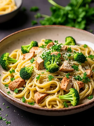 High Protein Rotisserie Chicken Broccoli Pasta - ready to serve