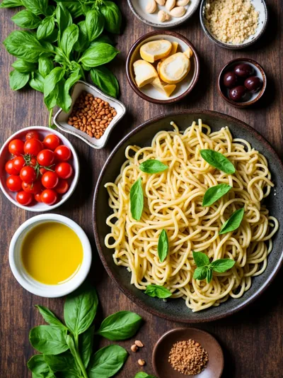 Mediterraner Nudelsalat Mit Pesto - ingredients preparation