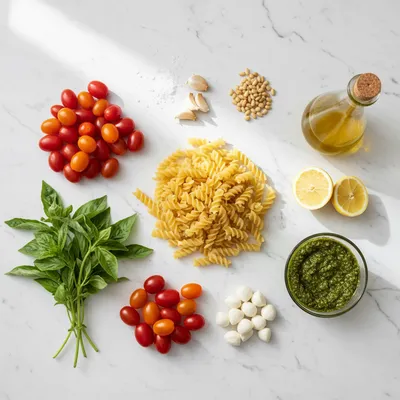 Light and Creamy Pesto Caprese Pasta Salad - ready to serve