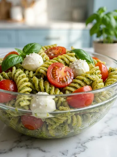 Light and Creamy Pesto Caprese Pasta Salad