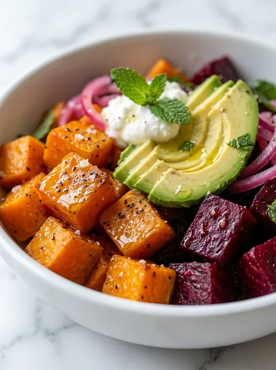 Roasted Beet Sweet Potato Avocado Salad