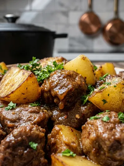 Slow Cooker Garlic Butter Beef Bites & Potatoes