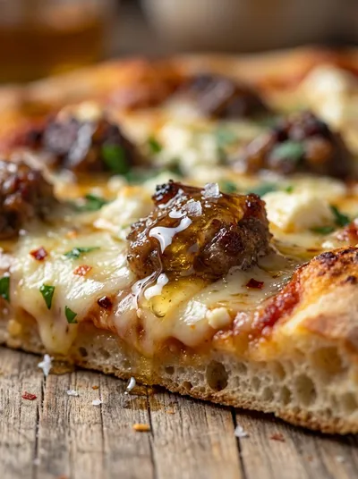 Sweet and Spicy Beef Sausage Feta Honey Pizza