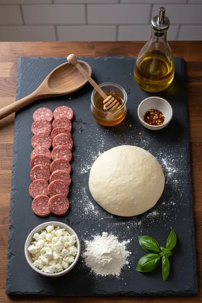 Sweet and Spicy Beef Sausage Feta Honey Pizza - cooking process