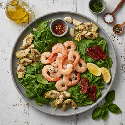 Tuscan Shrimp with Spinach, Artichokes and Sun‑Dried Tomatoes - ingredients preparation